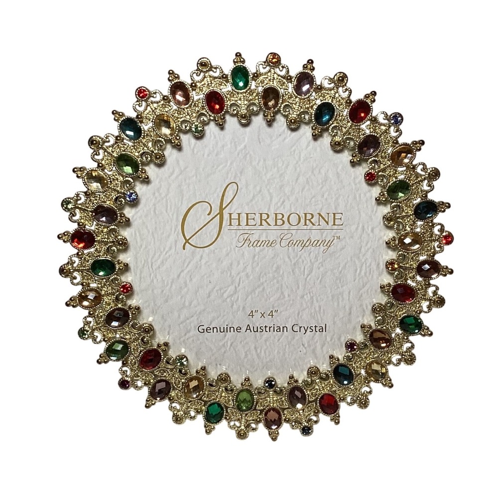Sherborne Frame Company 4x4 Round Gold Filigree Austrian Crystal Picture Frame